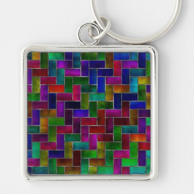 Fönstret Rainbow Herringbone Brick Stached Glass Fyrkantig Silverfärgad Nyckelring (Framsidan)