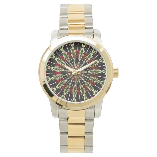Fönstret Red and Guld Stached Glass Kaleidoscope Armbandsur (Framsida)
