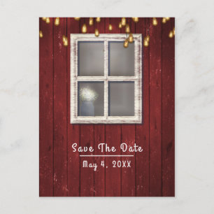Fönstret Red Barn & Ljus Rustic Save the Date Meddelande Vykort