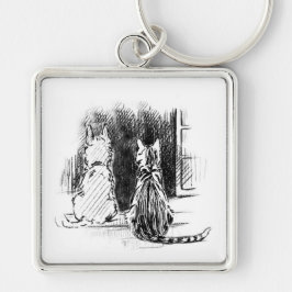 Fönstret Tittar av hund och katt, Ange sympati Fyrkantig Silverfärgad Nyckelring