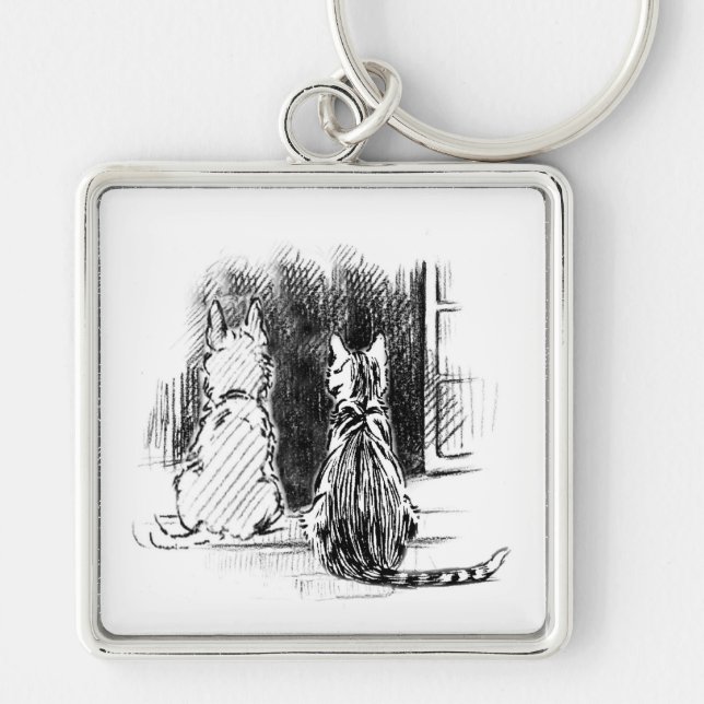 Fönstret Tittar av hund och katt, Ange sympati Fyrkantig Silverfärgad Nyckelring (Framsidan)