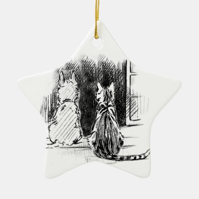 Fönstret Tittar av hund och katt, Ange sympati Julgransprydnad Keramik (Framsidan)