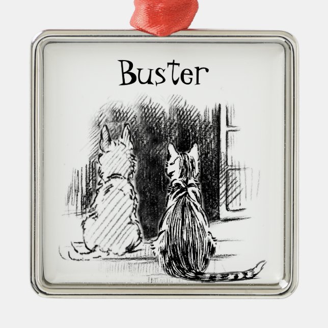 Fönstret Tittar av hund och katt, Ange sympati Julgransprydnad Metall (Framsidan)