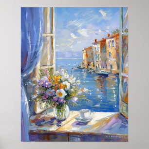 Fönstret vas i Blommor med italienska Kusten Poster