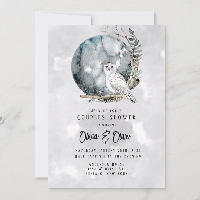 Fönstret Watercolor Par i Winter Snö Uggla Måne Inbjudningar (Framsida)