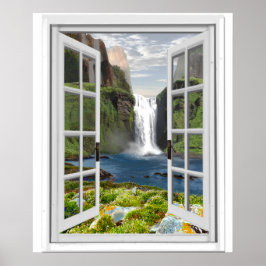 Fönstret Waterfall View Trompe l'oeil Effect Fake Poster