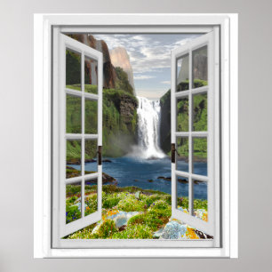 Fönstret Waterfall View Trompe l'oeil Effect Fake Poster