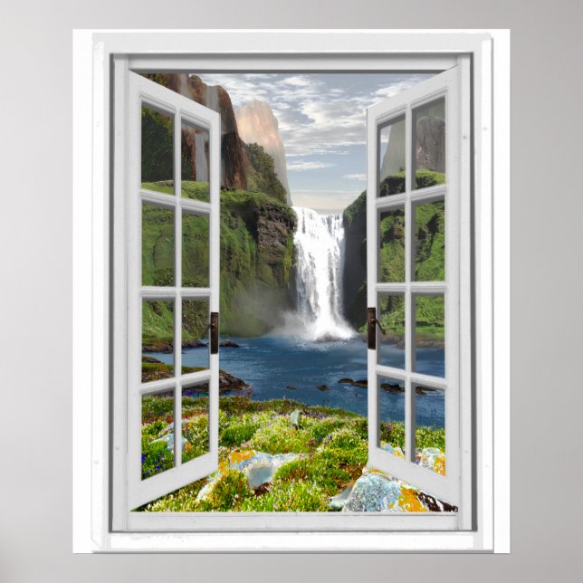 Fönstret Waterfall View Trompe l'oeil Effect Fake Poster (Framsidan)
