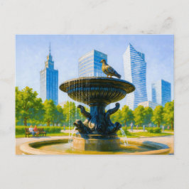 Fontän i centrala Warszawa - närmare oljemålning Helg Vykort