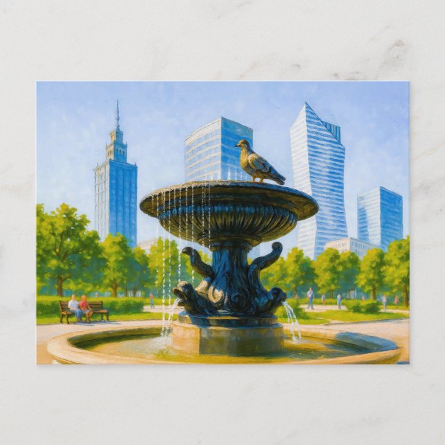 Fontän i centrala Warszawa - närmare oljemålning Helg Vykort (Framsida)