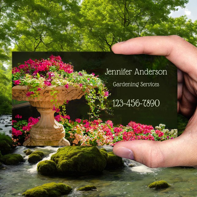 Fontän i Flowers  Affärskort Visitkort (Business card showing a classic Italian vase overflowing with blossoming colorful flowers - gardener)
