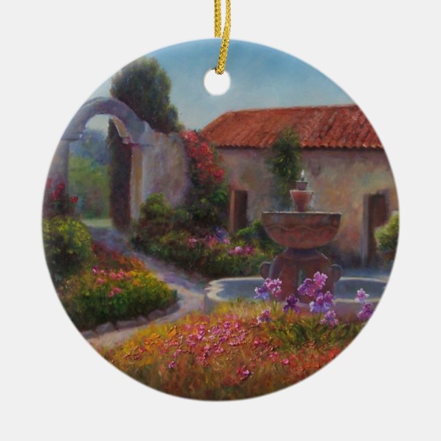 Fontän och trädgård på den Carmel beskickningen Julgransprydnad Keramik (Framsidan)