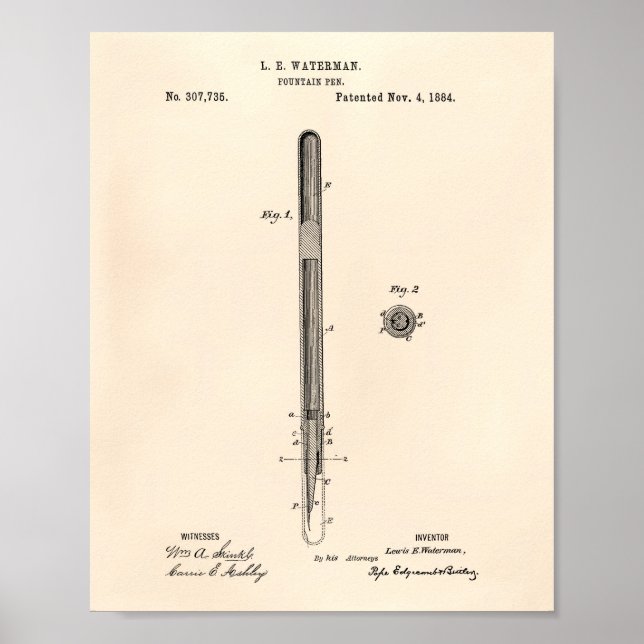 Fontän Pen 1884 Patent Art - Gamla peper Poster (Framsidan)