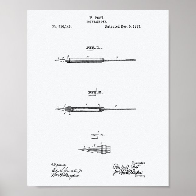 Fontän Pen 1893 Patent Art White Papper Poster (Framsidan)