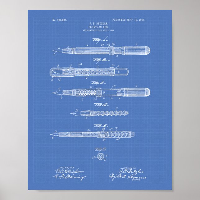 Fontän Pen 1905 Patent Art Blueprint Poster (Framsidan)