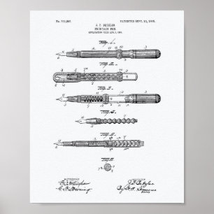 Fontän Pen 1905 Patent Art White Papper Poster