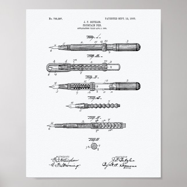 Fontän Pen 1905 Patent Art White Papper Poster (Framsidan)