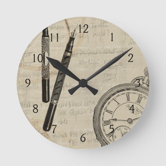 Fontän-pennor och yta med anteckningar rund klocka (Framsida)