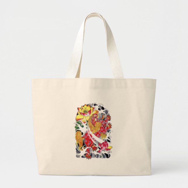 Foo Dog & Lotus Tattoo Design Jumbo Tygkasse (Framsidan)