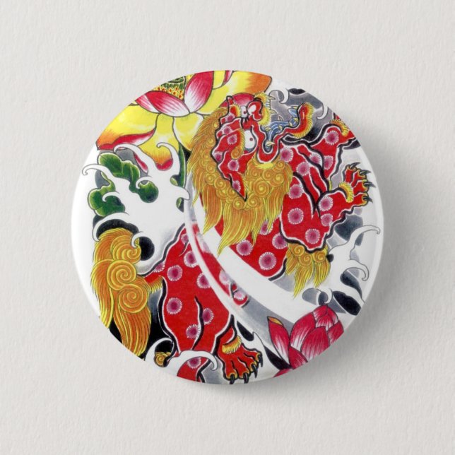 Foo Dog & Lotus Tattoo Design Knapp (Framsida)
