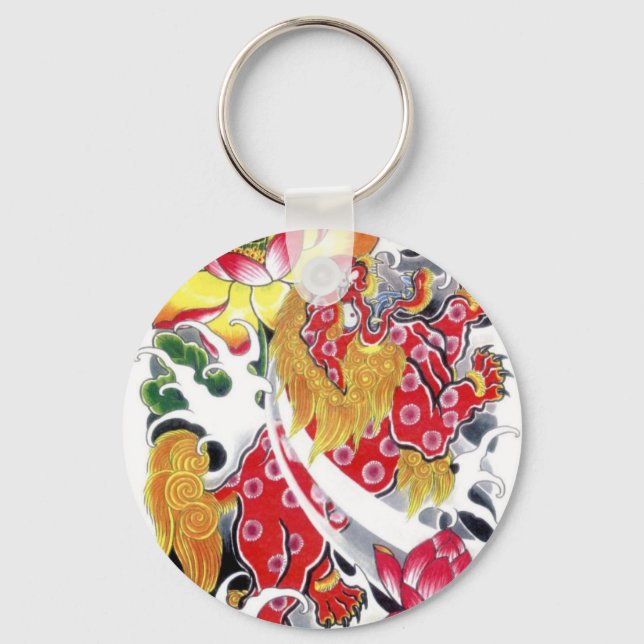 Foo Dog & Lotus Tattoo Design Nyckelring (Framsida)