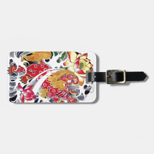 Foo Hund & Lotus Tatuering Design Bagagebricka (Horisontell Framsida)