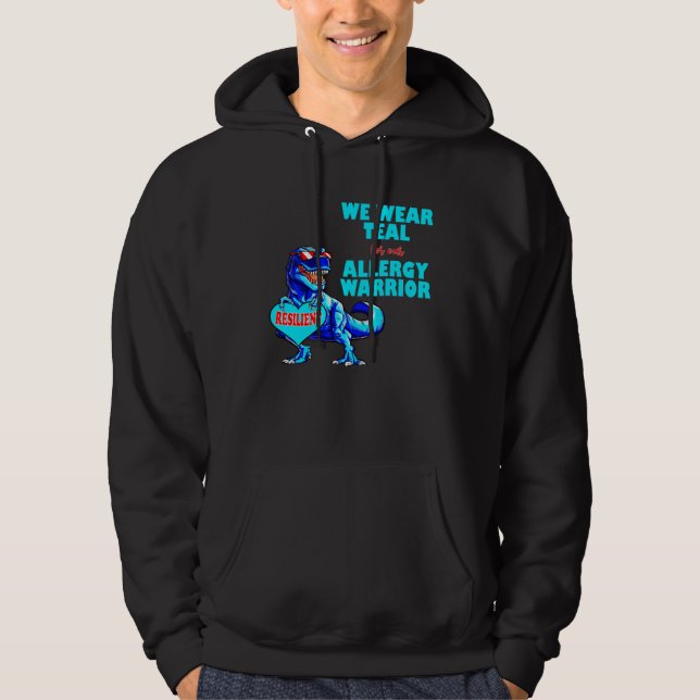Food Allergy Awareness Dinosaur TRex We Wear Teal  Hoodie (Framsida)