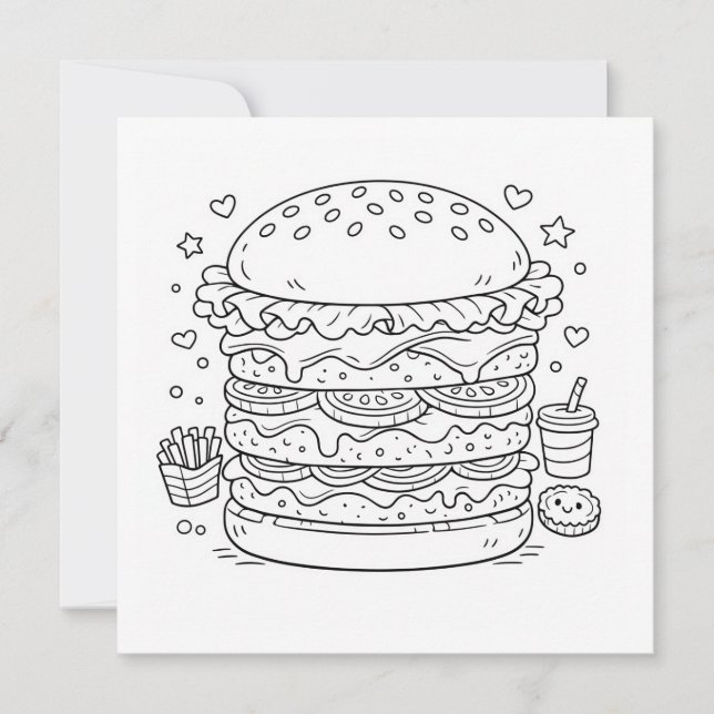 Food Burger Coloring Page Black White Card Kort (Framsida)