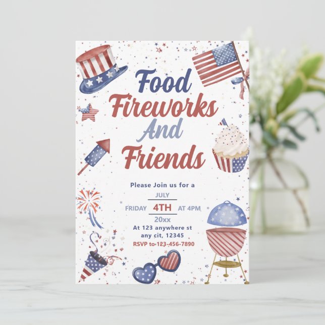 Food Friend and Fireworks 4:e juli BBQ Inbjudningar (Stående Fram)