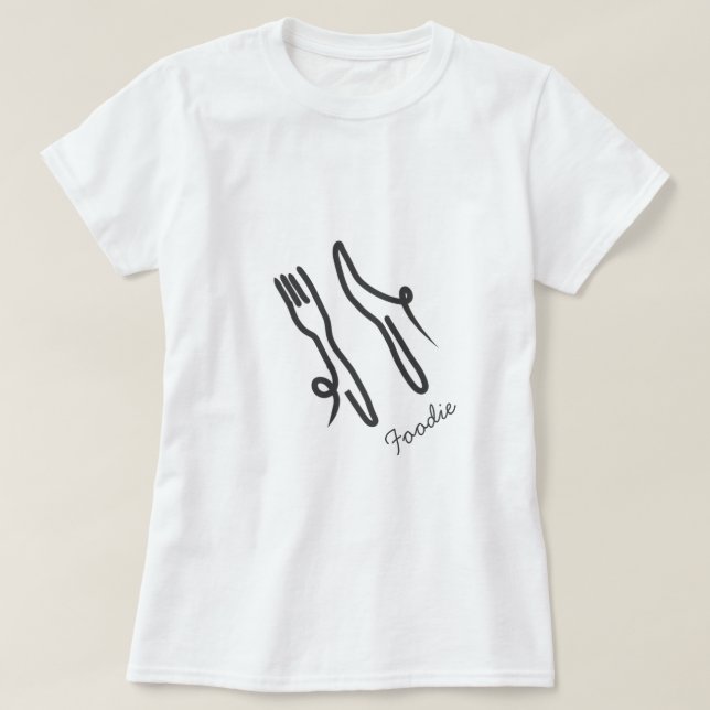 Food knivar och gaffel, modern grått och vit t shirt (Design framsida)