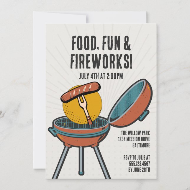 Food Roligt Fireworks Barbecue 4:e juli BBQ Party Inbjudningar (Framsida)