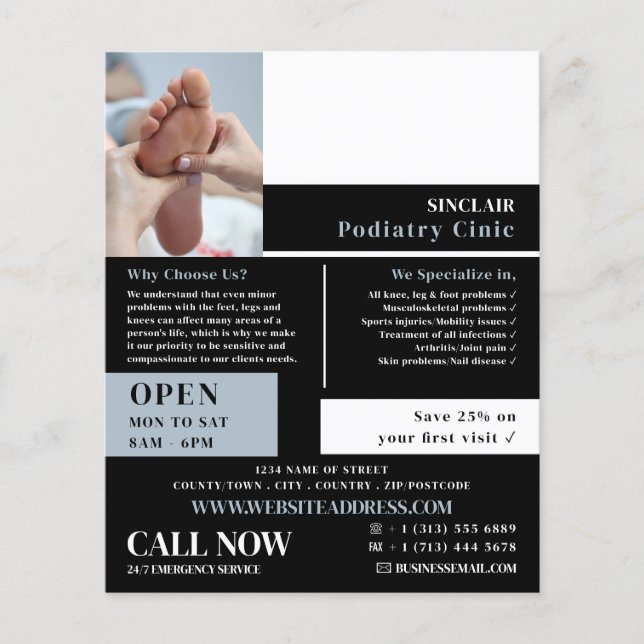 Foot Care Porträtt, Podiatry Clinic, Podiatrist Flygblad (Framsidan)