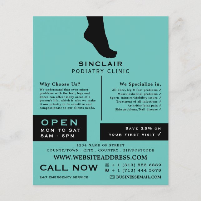 Foot Silhouette, Podiatry Clinic, Podiatrist Flygblad (Framsidan)