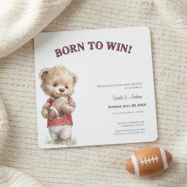 Football Baby Shower Invitation | Born to Win  Spara Datumet (Teddy bear football baby shower invitation on soft cream blanket with wooden football prop, warm nat)