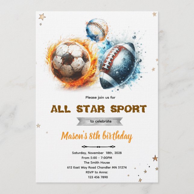 Football baseball and soccer party Invitation  Inbjudningar (Framsida)