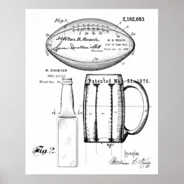 Football & Beer Mugg, Flaska, Patent Blueprint Poster