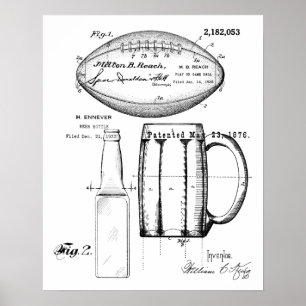 Football & Beer Mugg, Flaska, Patent Blueprint Poster