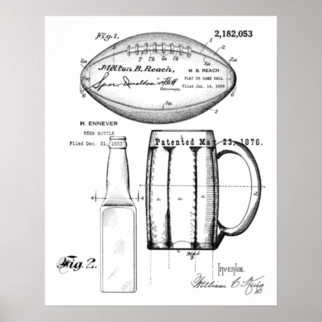 Football & Beer Mugg, Flaska, Patent Blueprint Poster (Framsidan)
