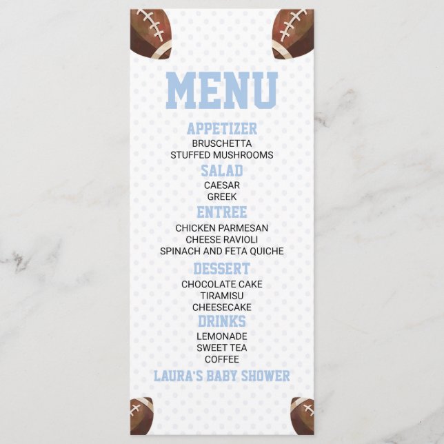 Football Boll Sports Blue Baby Shower Food Meny (Framsida)