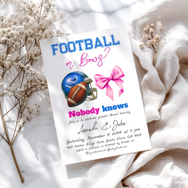 Football eller Bows Blue eller Rosa Gender Reveal Inbjudningar (Skapare uppladdad)