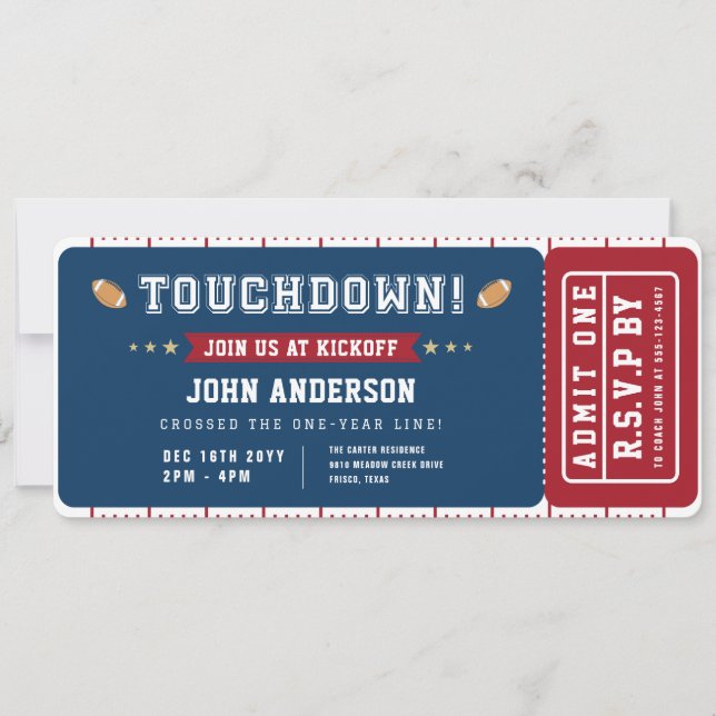 Football First Year Touchdown Birthday Ticket Inbjudningar (Framsida)