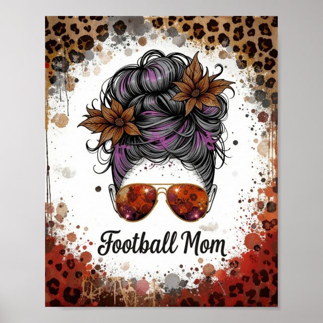 Football Mom Leopard Messy Bun Purple Floral Poster (Framsidan)