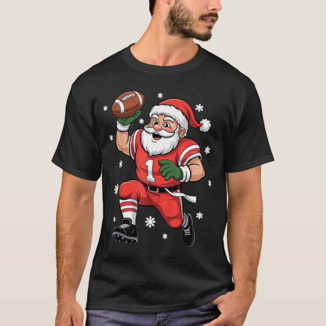 Football Santa Claus Lineman Christmas Quarterback T Shirt (Framsida)