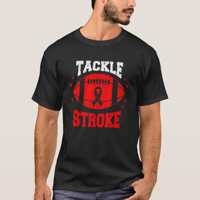 Football Tackle Stroke Retro Awareness Red Ribbon T Shirt (Framsida)