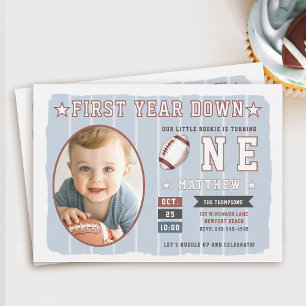 Football Theme Dusty Blue Rand Boy 1st Birthday Inbjudningar