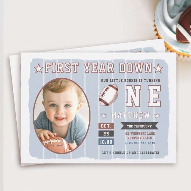 Football Theme Dusty Blue Rand Boy 1st Birthday Inbjudningar (first year down football birthday invitation photo sports boy blue white stripes 1st party invite)