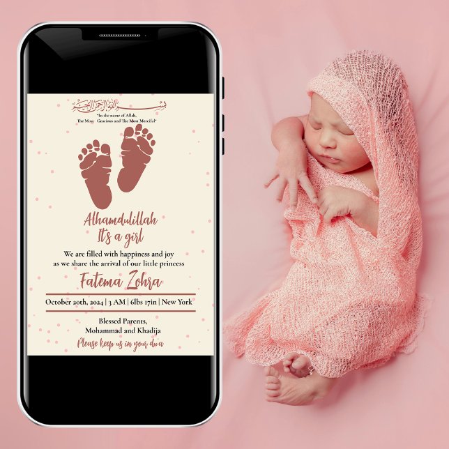 Foprint Rosa Flicka Muslim Birth Notice Inbjudningar (Skapare uppladdad)