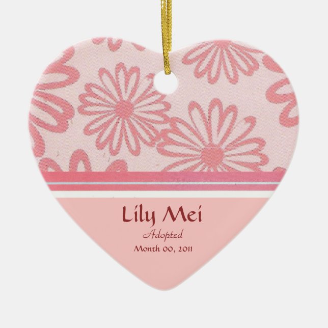 För adoptionmeddelande för rosa daisy blom- julgransprydnad keramik (Framsidan)