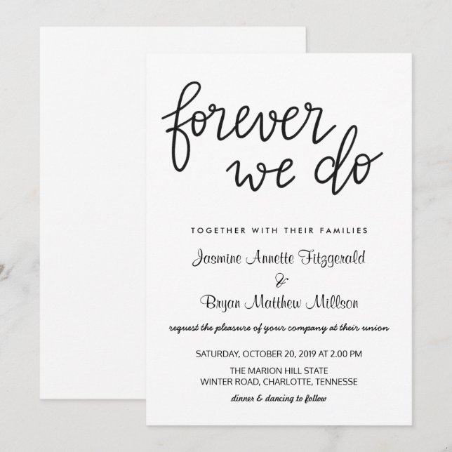 För alltid gör vi handskrivna moderna bröllop inbjudningar (Fram/baksida)