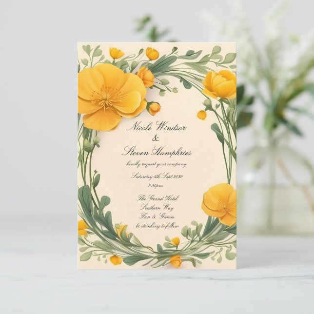 För alltid i bloom Buttercupbröllopsinbjudan (Stående Fram)